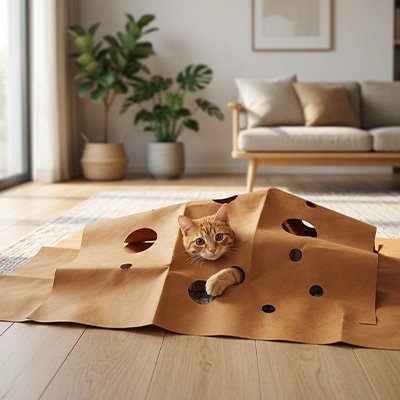 Tapis pour chat marron avec trous et un chat jouant dedans