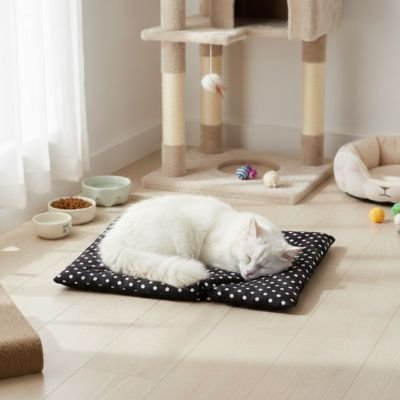 Tapis pour chat noir a pois blanc chat blanc dormant dessus