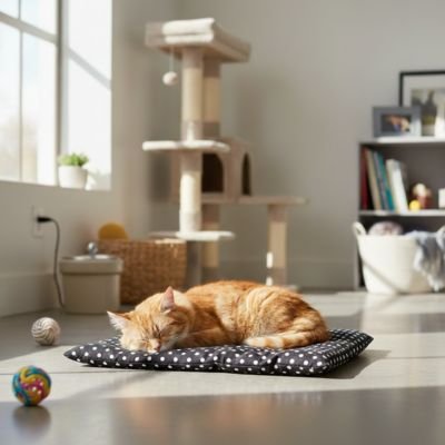 Tapis pour chat noir a pois blanc chat roux dormant dessus