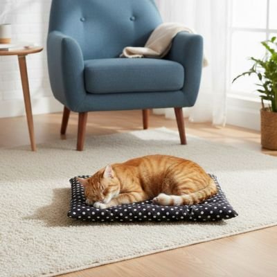 Tapis pour chat noir a pois blanc chat roux dormant dessus dans salon