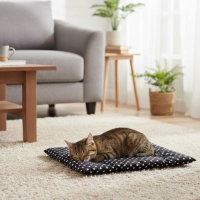 Tapis pour chat noir a pois blanc chat tigre dormant dessus