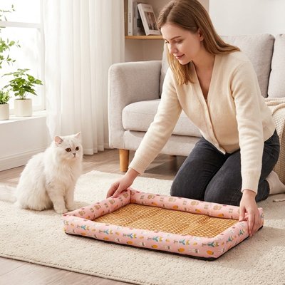 Tapis rafraichissant Chat avec chat blanc et femme a coté 