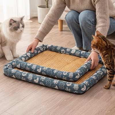 Tapis rafraichissant Chat deux formats exposes par une femme