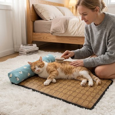 Tapis rafraichissant Chat femme brossant un chat couche dessus