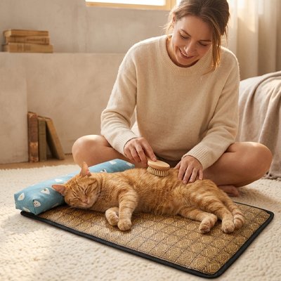 Tapis rafraichissant Chat femme brossant un chat dormant dessus