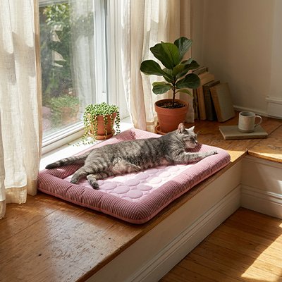 Tapis rafraichissant Chat rose avec chat dormant dedans
