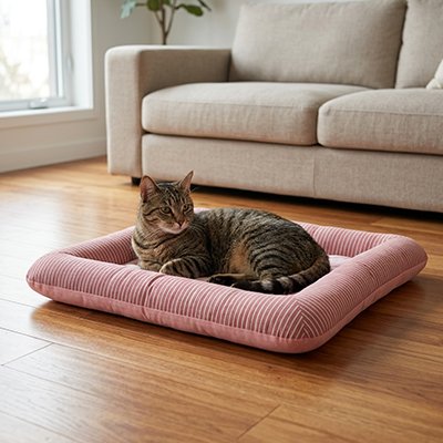 Tapis rafraichissant Chat rose avec un chat couche dedans 