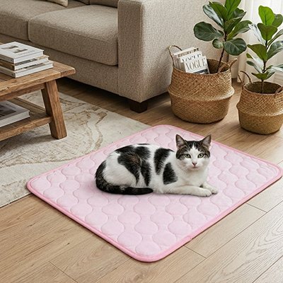 Tapis rafraichissant Chat rose pastel avec chat dessus