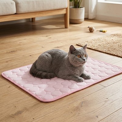 Tapis rafraichissant Chat rose pastel avec chat gris couche dessus