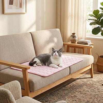 Tapis rafraichissant Chat rose pastel dans un  joli salon avec chat couche dessus